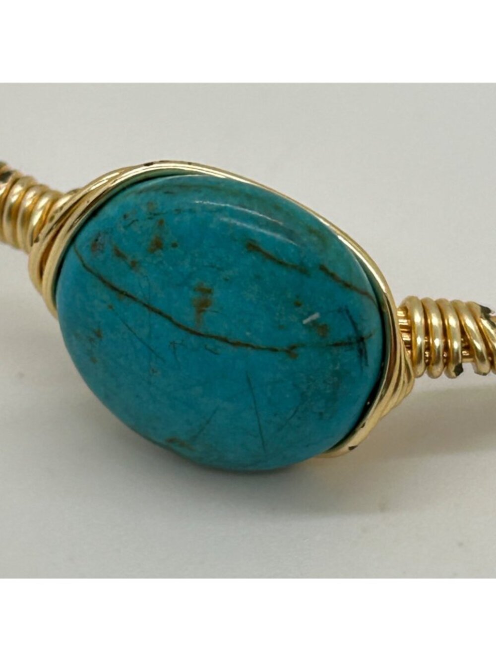 Bohemian Faux Turquoise Gold Tone Wire Wrap Bangle Bracelet Stackable Handmade - Picture 4 of 11